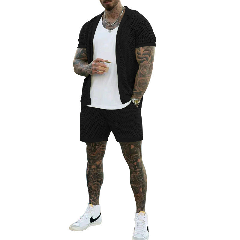 Men's Summer Cool Mesh Lapel Short Sleeve Shorts Suit