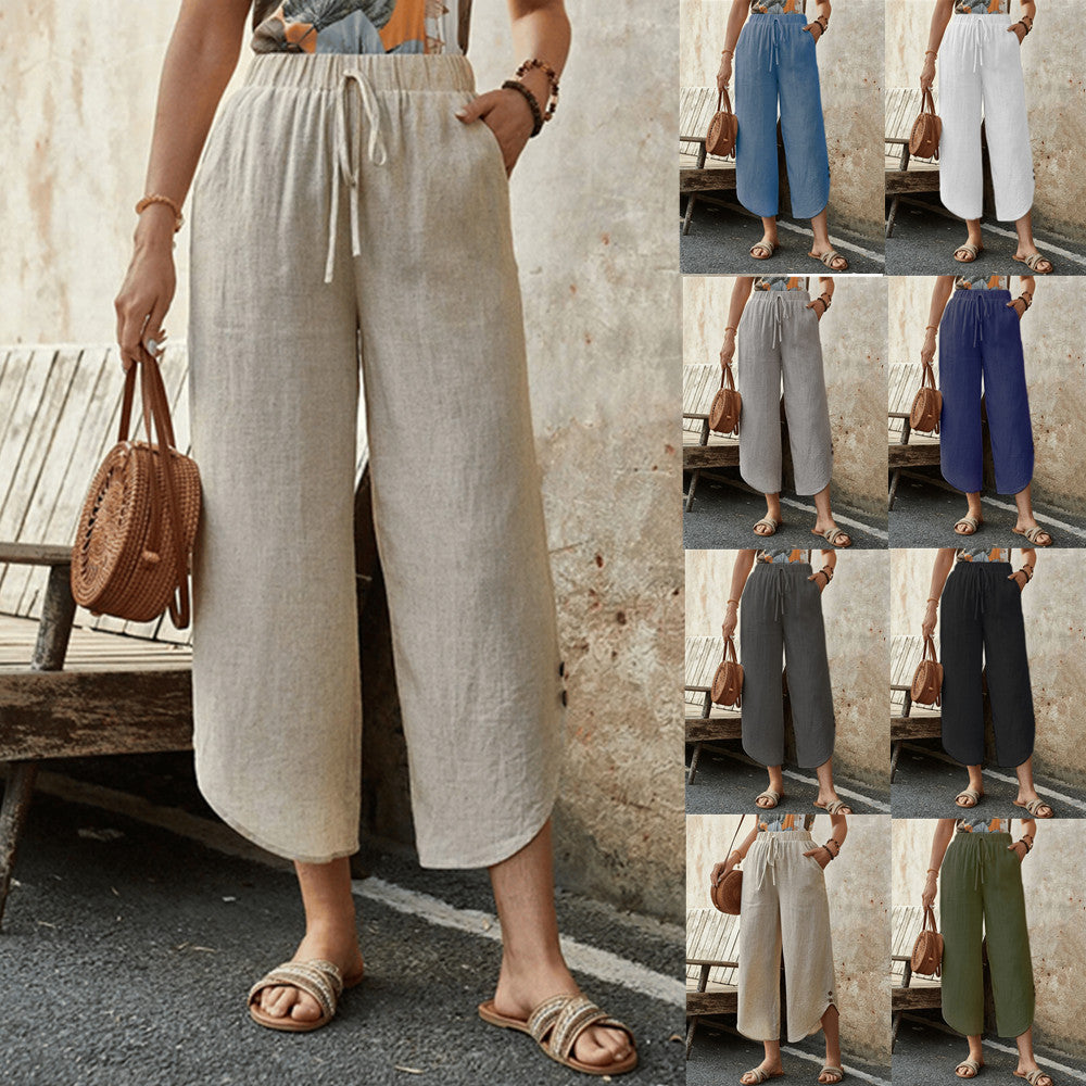 Women's Cotton-Linen Cropped Drawstring Pants