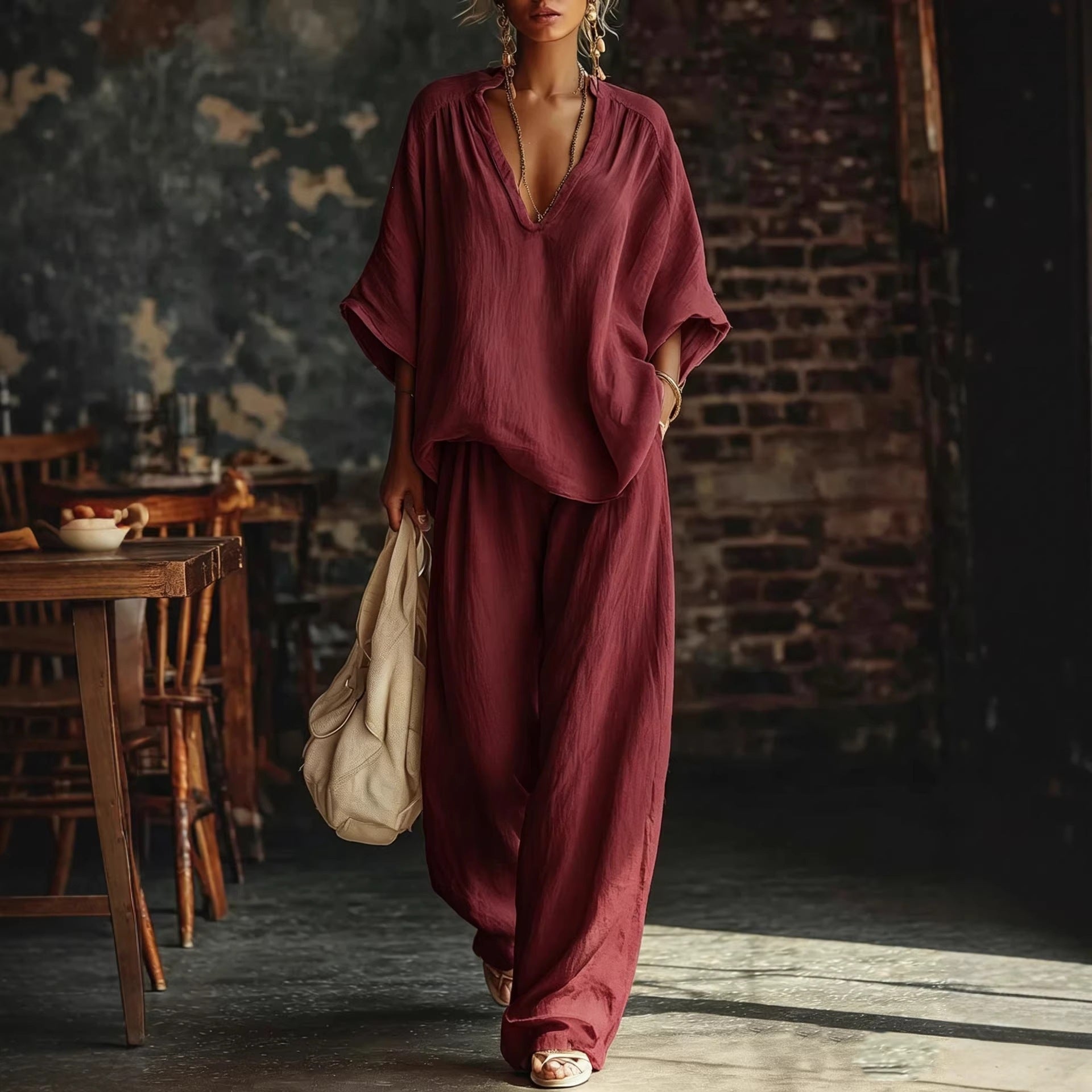 Women's V-Neck Loose Short-Sleeve Top & Pants Set – 5 Colors, S–4XL