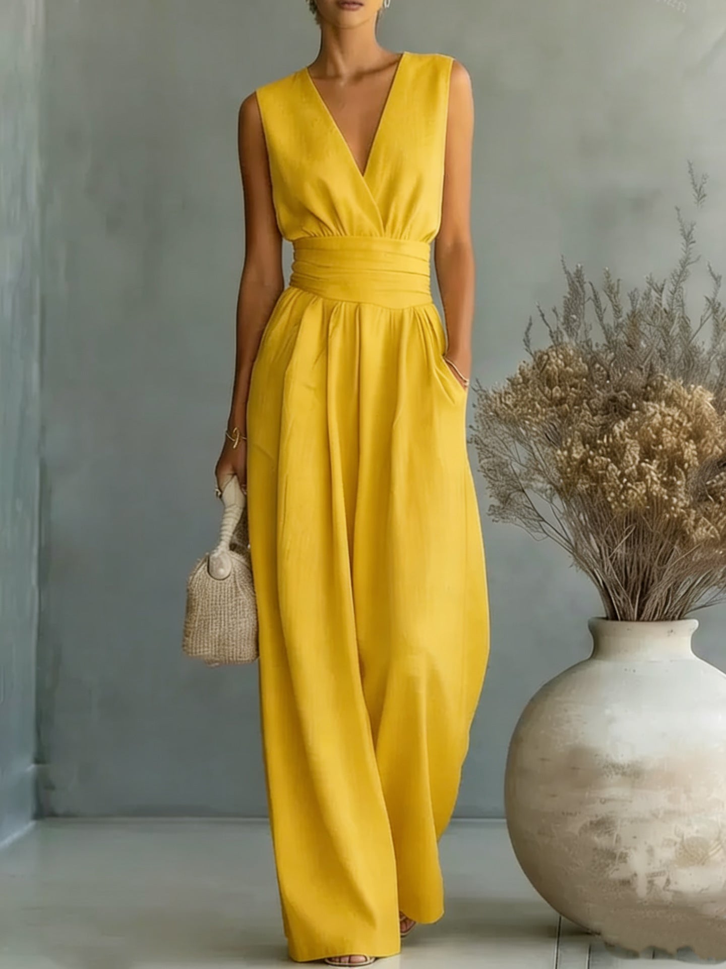 Women's Elegant V-Neck Sleeveless Waist-Cinching Straight Leg Jumpsuit