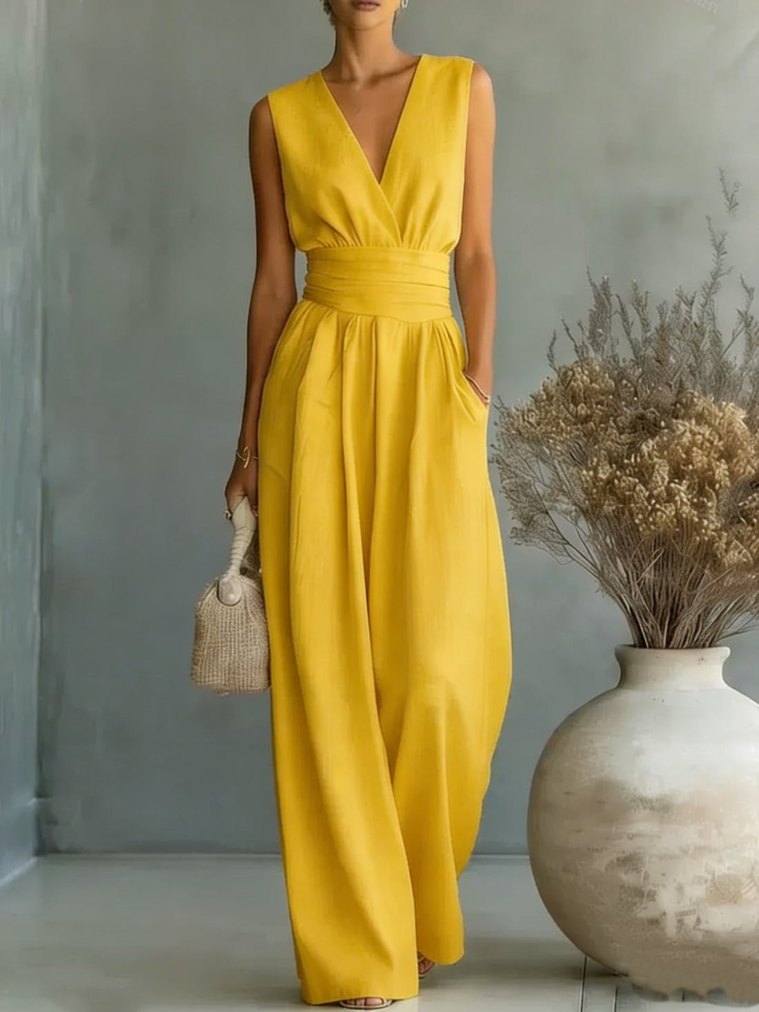 Women's Elegant V-Neck Sleeveless Waist-Cinching Straight Leg Jumpsuit