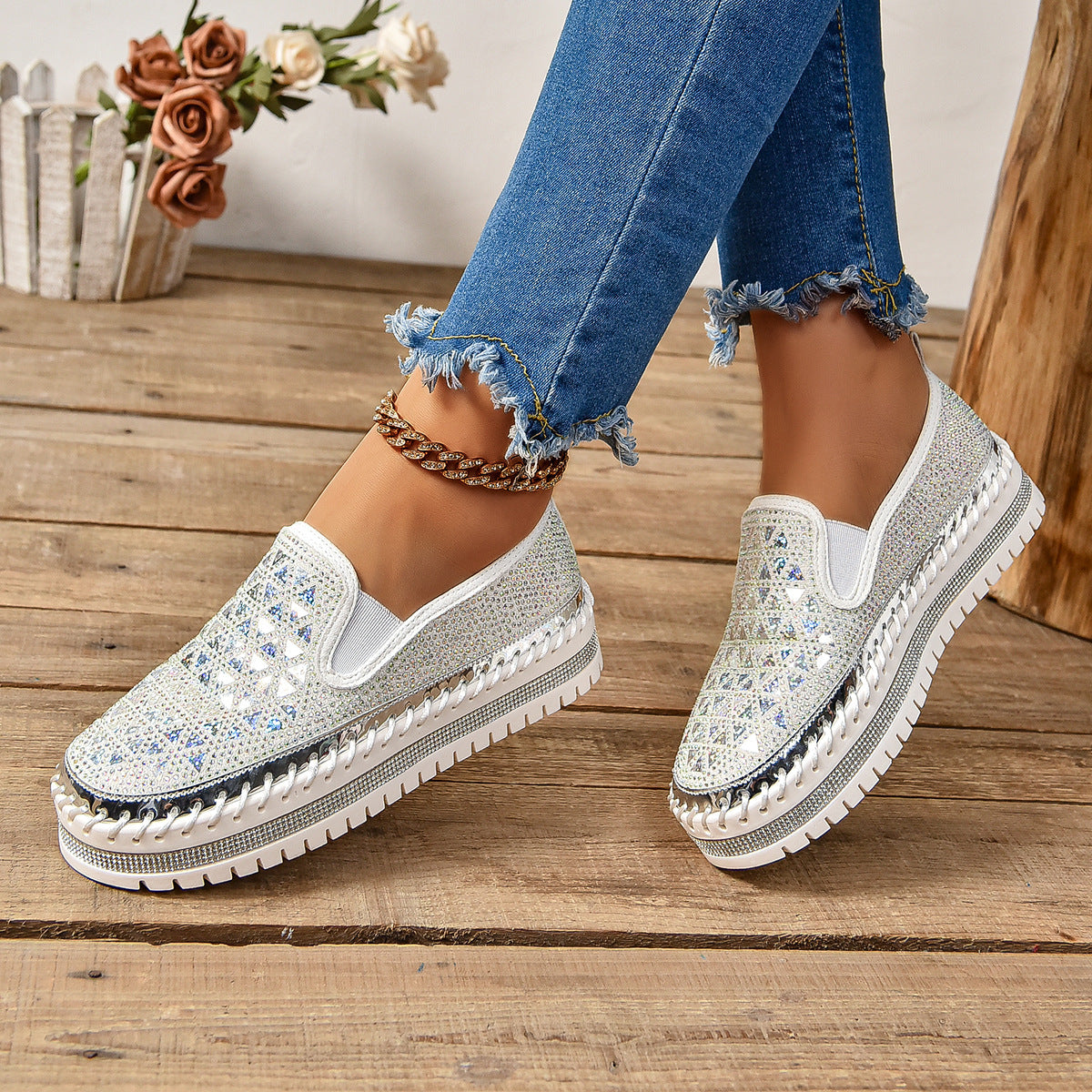 Women’s Casual Blingy Thick-Sole Pedal Flat Sneakers
