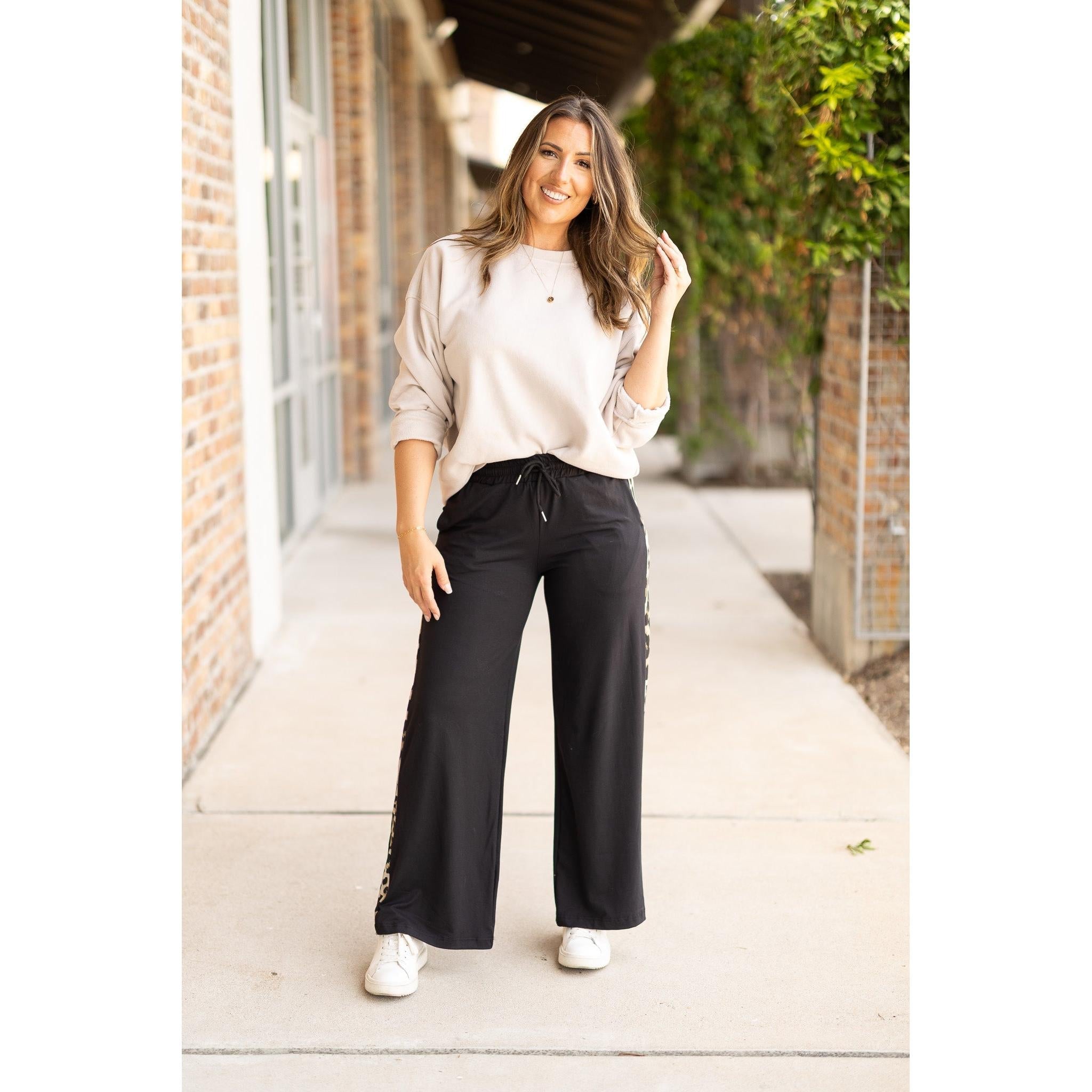 Women's Chelsea - Black Wide Leg with Leopard Panel Loungers