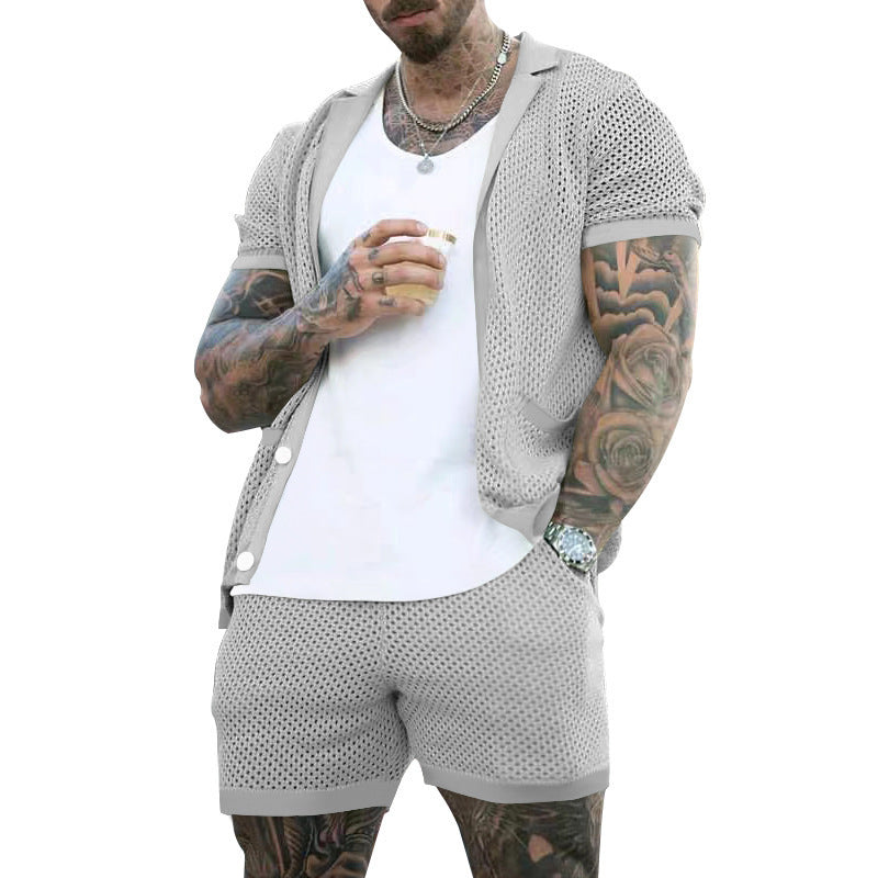 Men's Summer Cool Mesh Lapel Short Sleeve Shorts Suit
