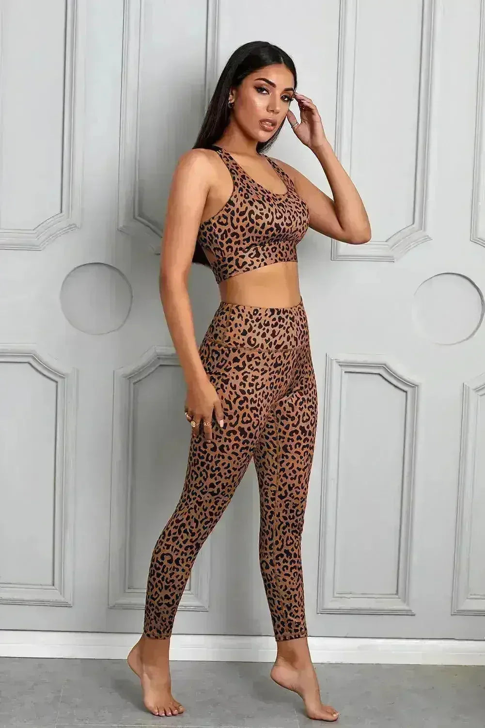 Women's Brown Cheetah Print Sport Bra Pants Set