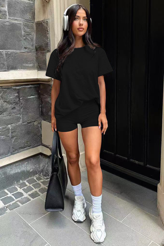 Women's Three Piece Set, Round Neck Short Sleeved Top And Shorts And Pants Set, Sports And Casual Clothing See size chart under “more details”
