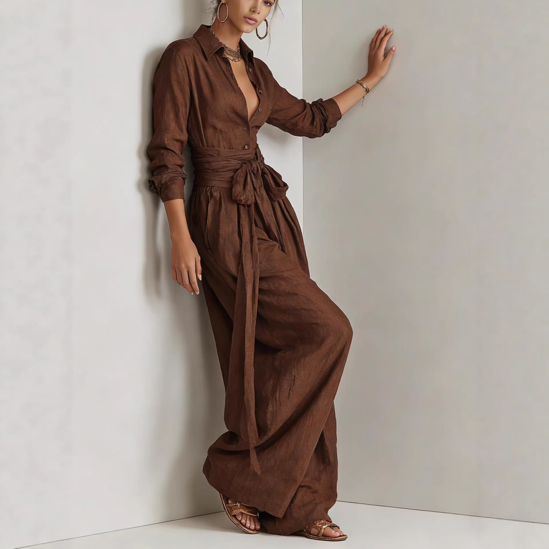 Women's Casual Long Sleeve Button-Up Shirt and Pants Set