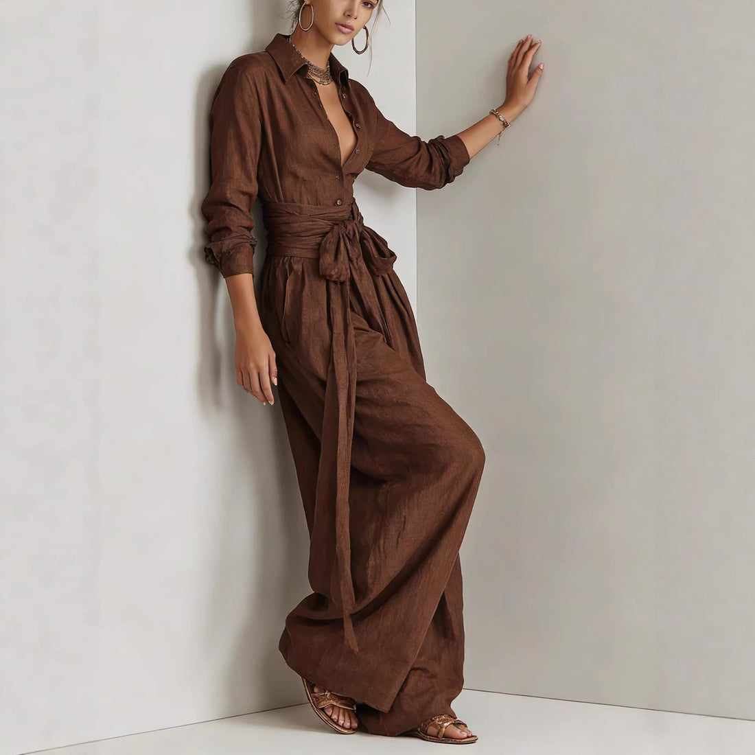 Women's Casual Long Sleeve Button-Up Shirt and Pants Set