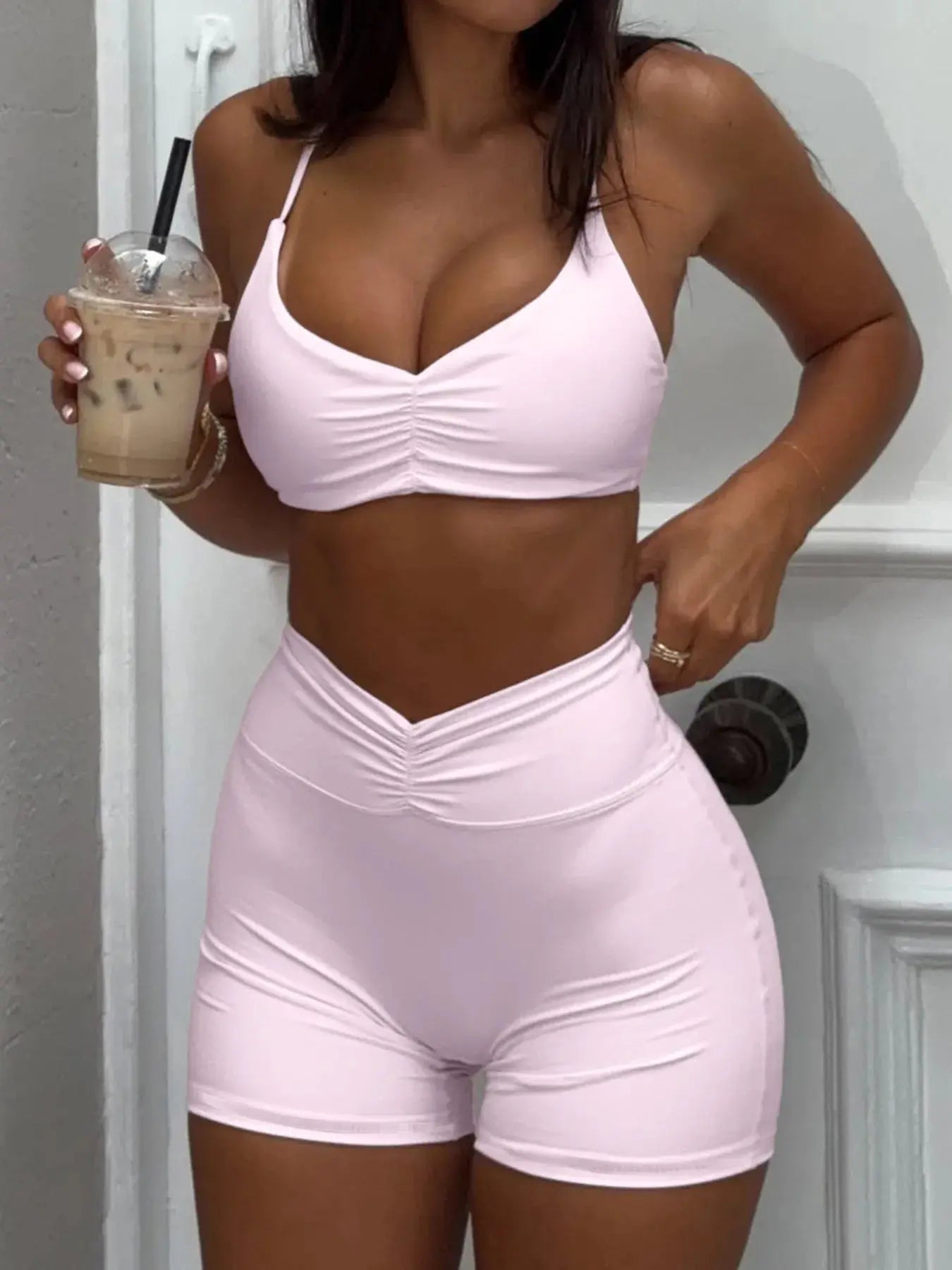 Women's Ruched Sports Bra and High-Waisted Shorts Active Set