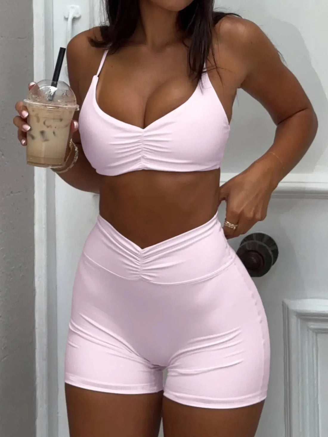 Women's Ruched Sports Bra and High-Waisted Shorts Active Set