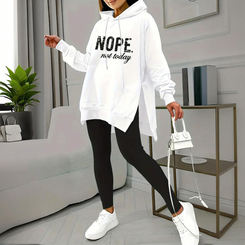 Women's Casual 2-Piece Set Solid Color Leggings & Letter Print Hooded Sweatshirt