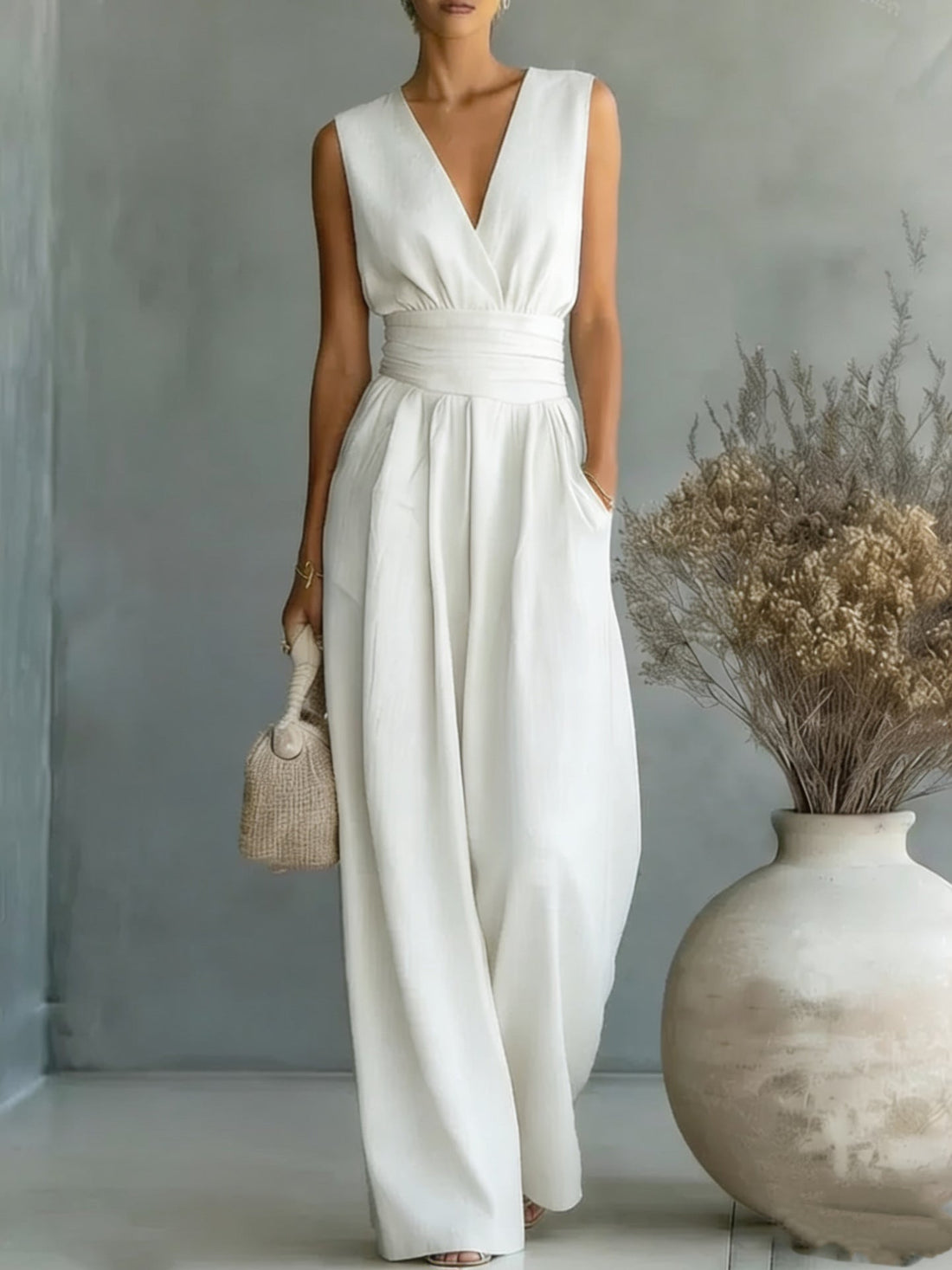 Women's Elegant V-Neck Sleeveless Waist-Cinching Straight Leg Jumpsuit
