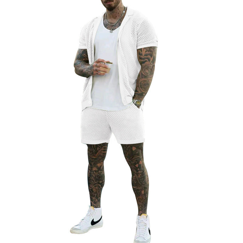 Men's Summer Cool Mesh Lapel Short Sleeve Shorts Suit