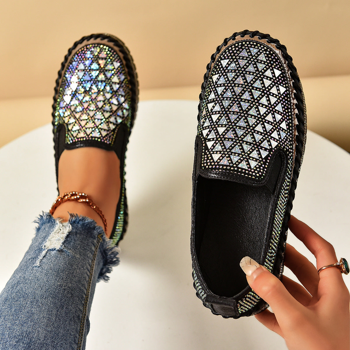 Women’s Casual Blingy Thick-Sole Pedal Flat Sneakers