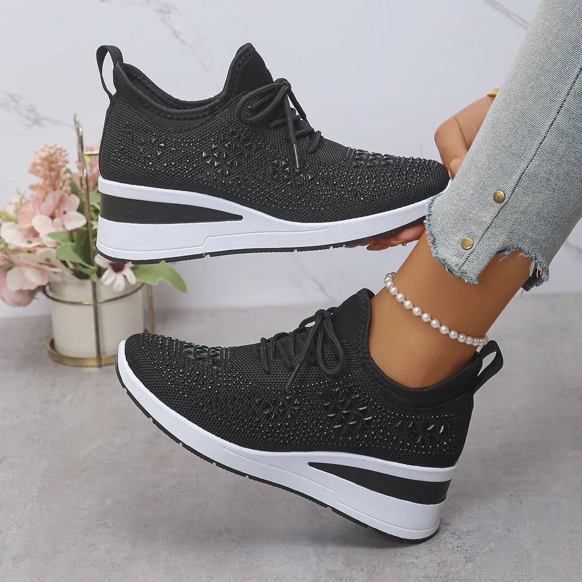 Women's Breathable Mesh Rhinestone Wedge Athletic Sneakers