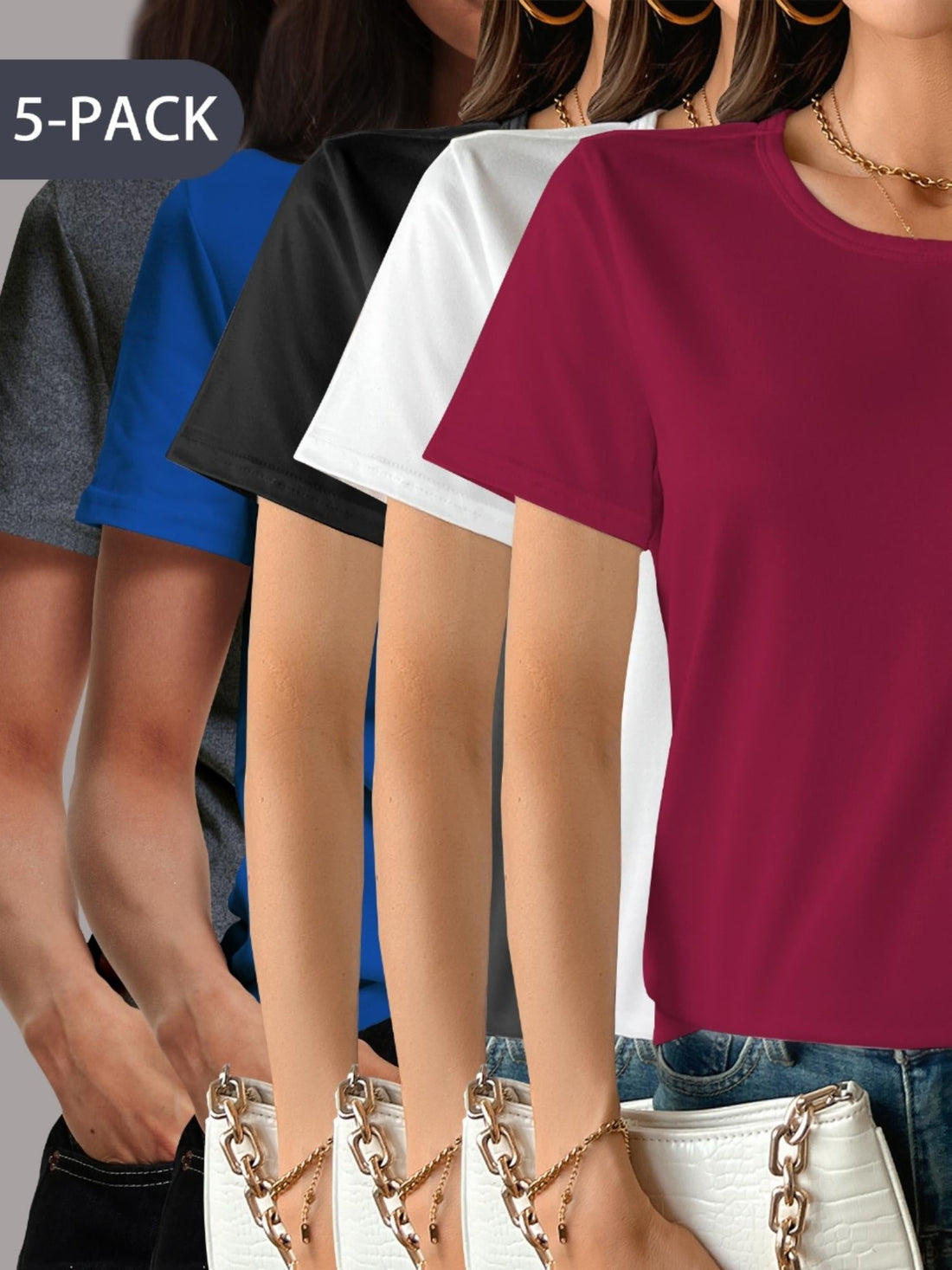 5 Pack Women's Soft Stretch Casual Round Neck T-Shirts