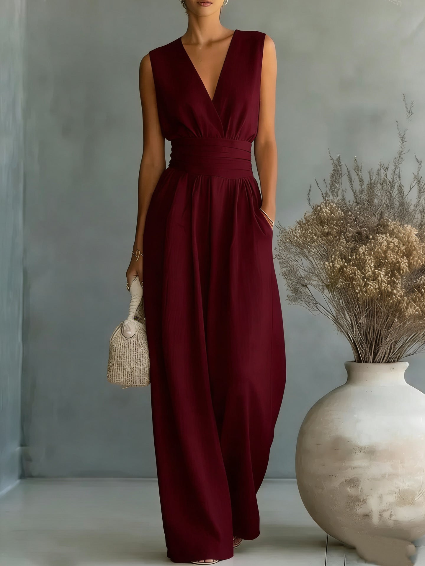 Women's Elegant V-Neck Sleeveless Waist-Cinching Straight Leg Jumpsuit