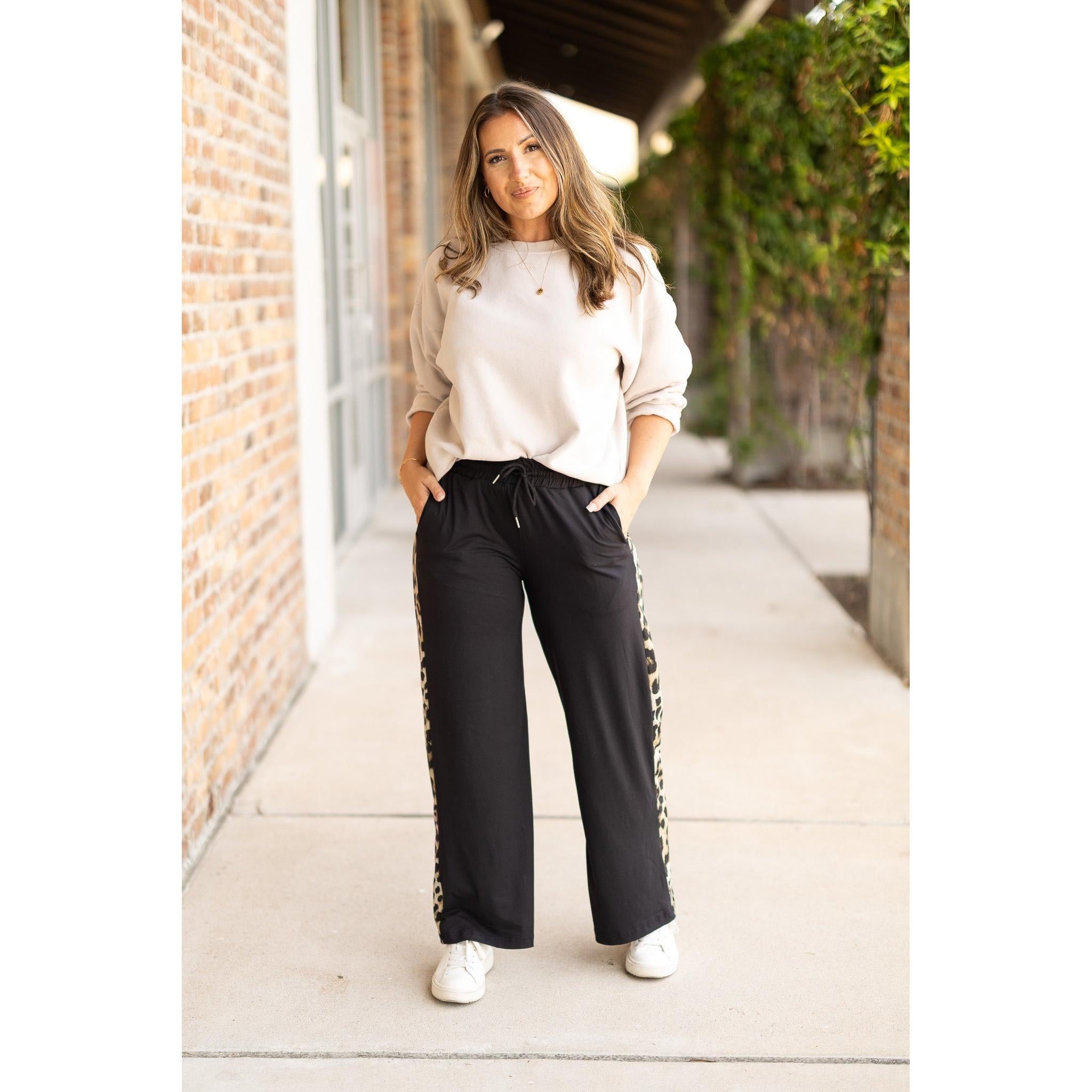 Women's Chelsea - Black Wide Leg with Leopard Panel Loungers