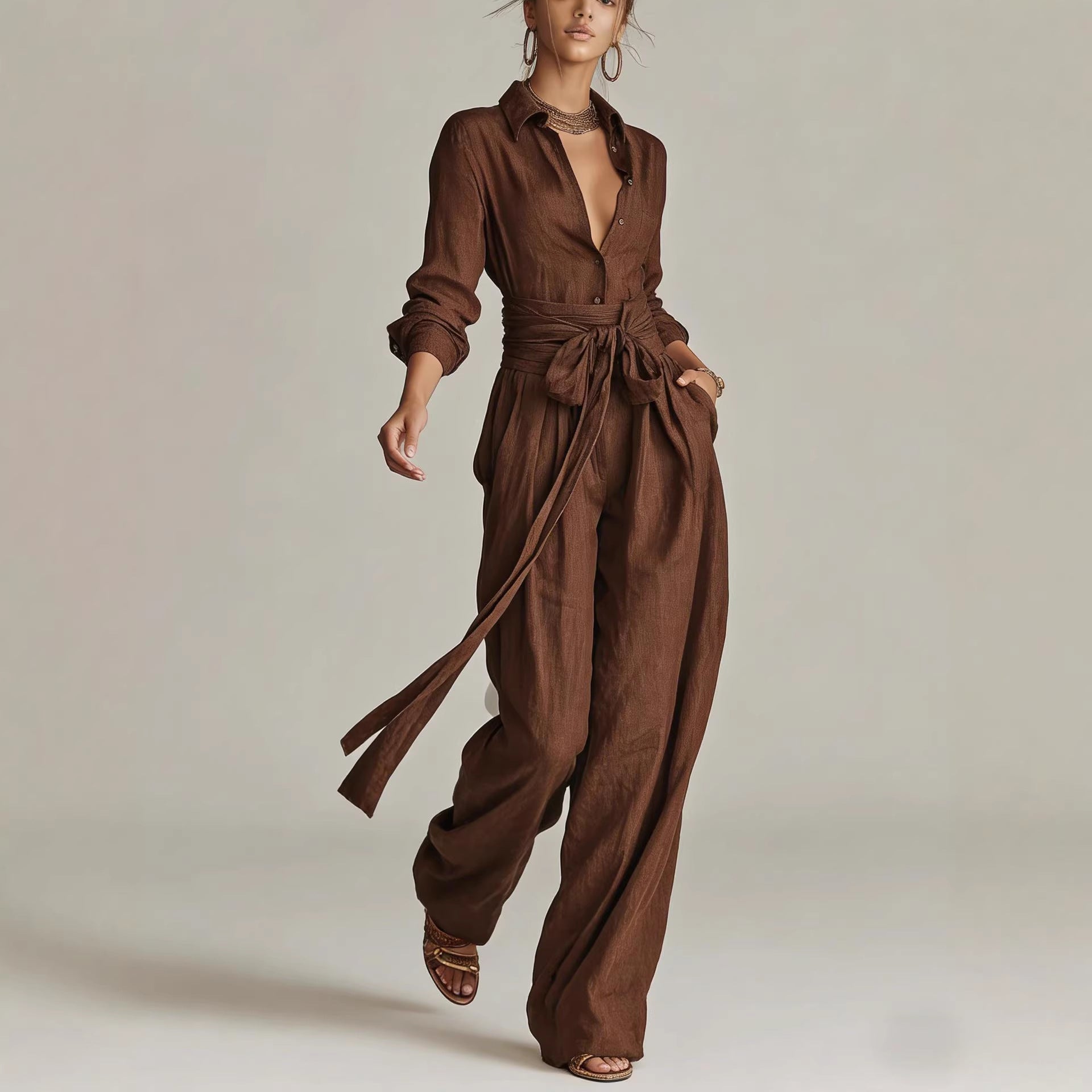 Women's Casual Long Sleeve Button-Up Shirt and Pants Set