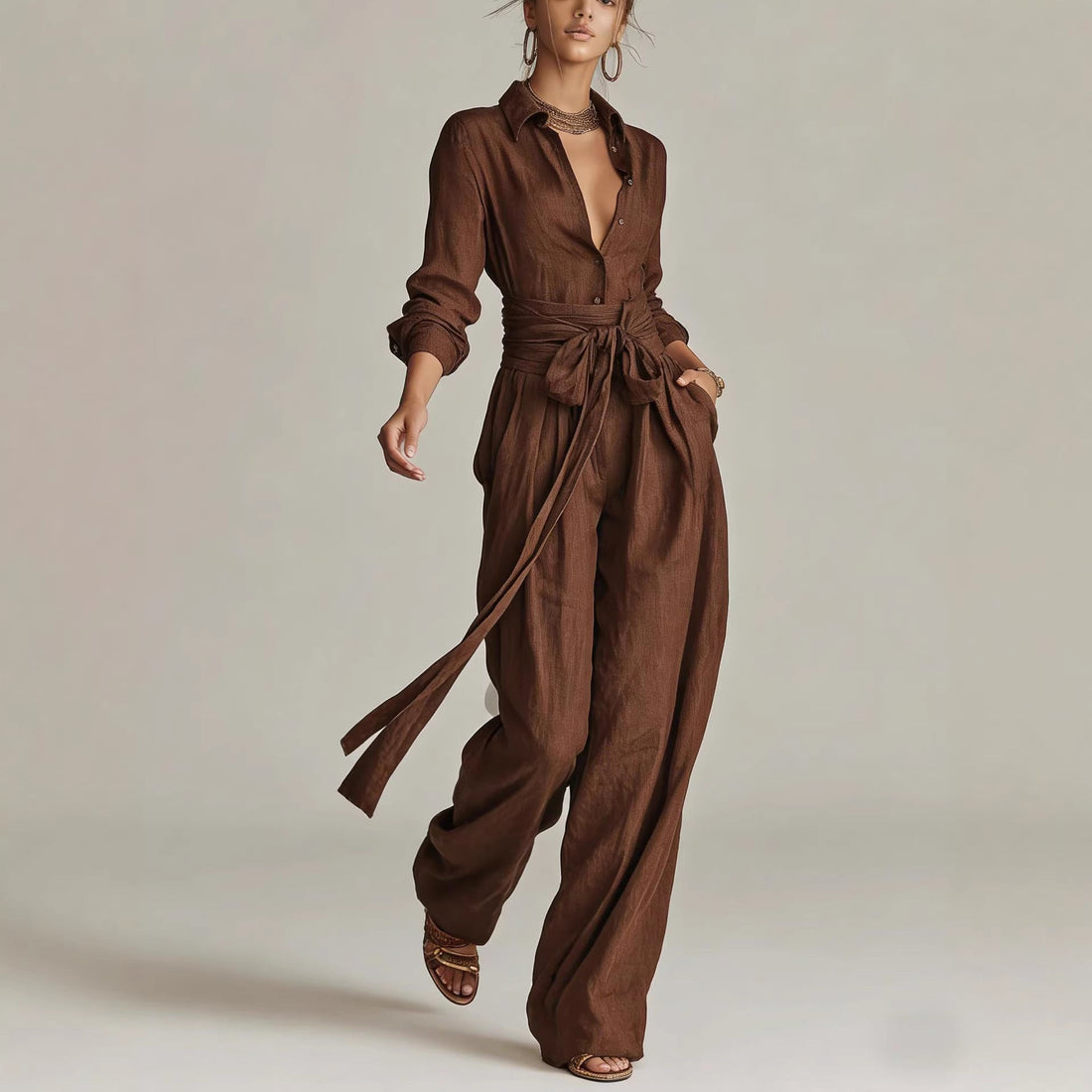 Women's Casual Long Sleeve Button-Up Shirt and Pants Set