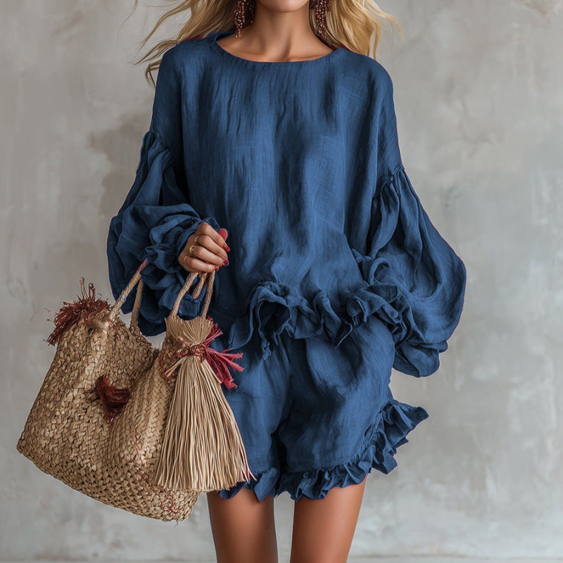 Women's Lantern Sleeve Top & Shorts Two-Piece Set