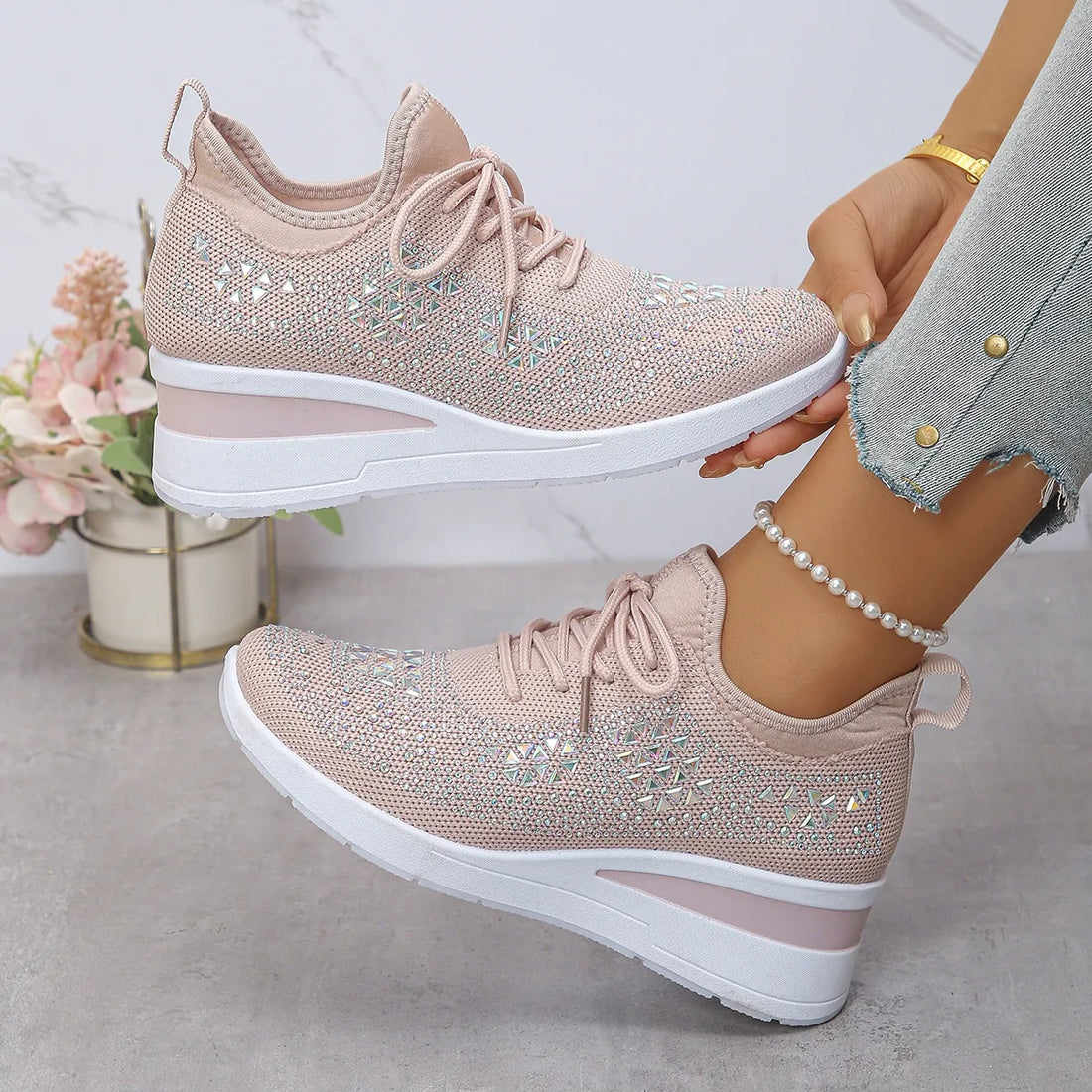 Women's Breathable Mesh Rhinestone Wedge Athletic Sneakers