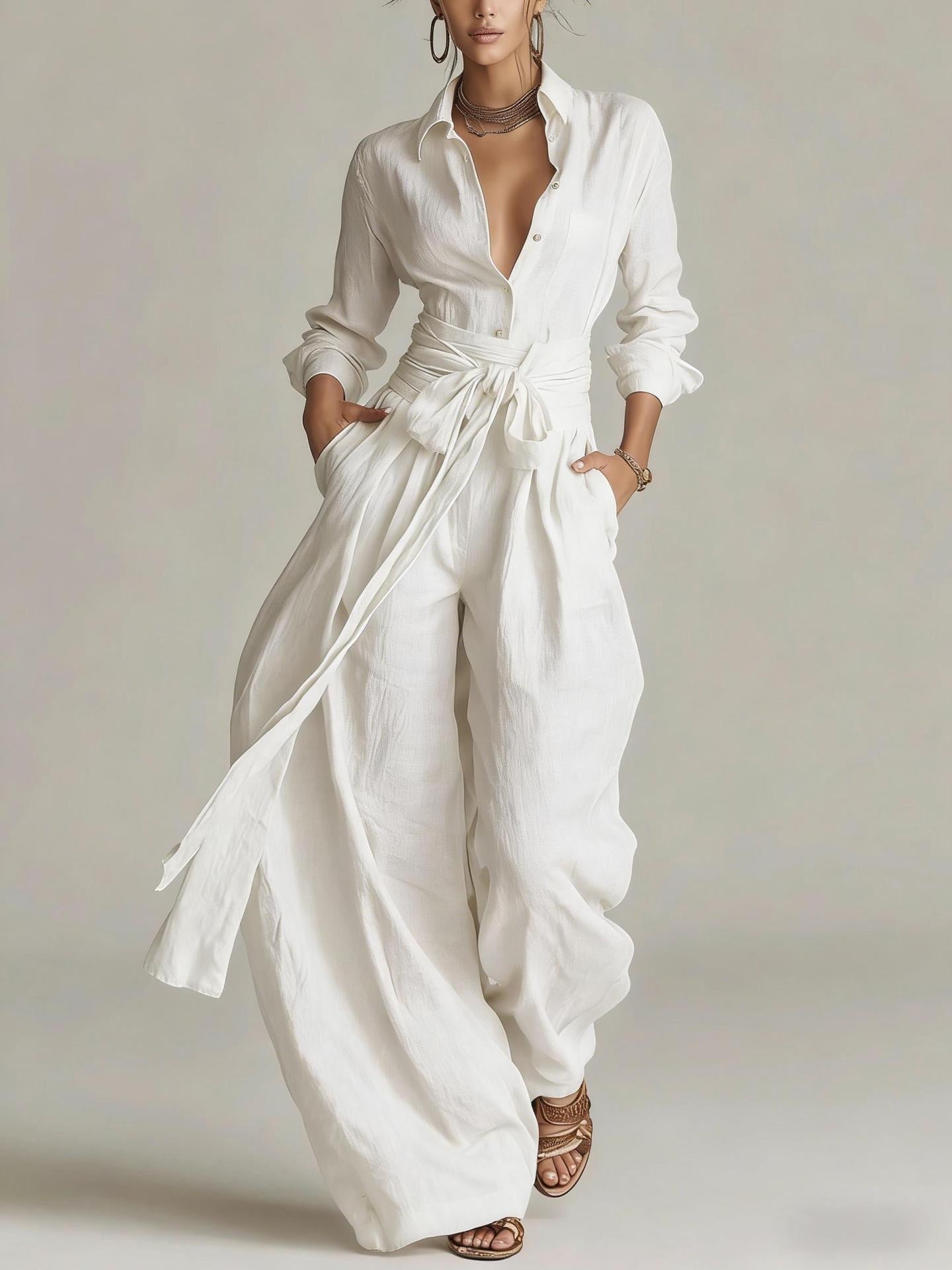 Women's Casual Long Sleeve Button-Up Shirt and Pants Set