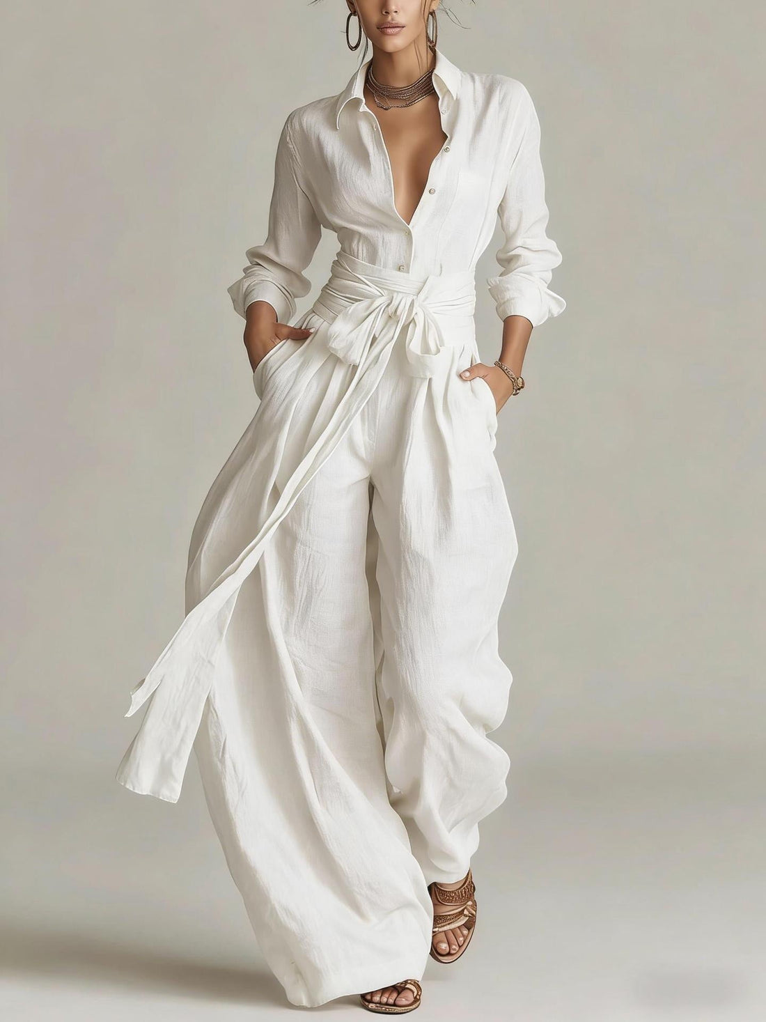 Women's Casual Long Sleeve Button-Up Shirt and Pants Set