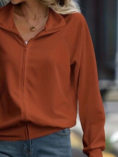 Women's Simple White Zip Up Collared Neck Raglan Sleeve Jacket