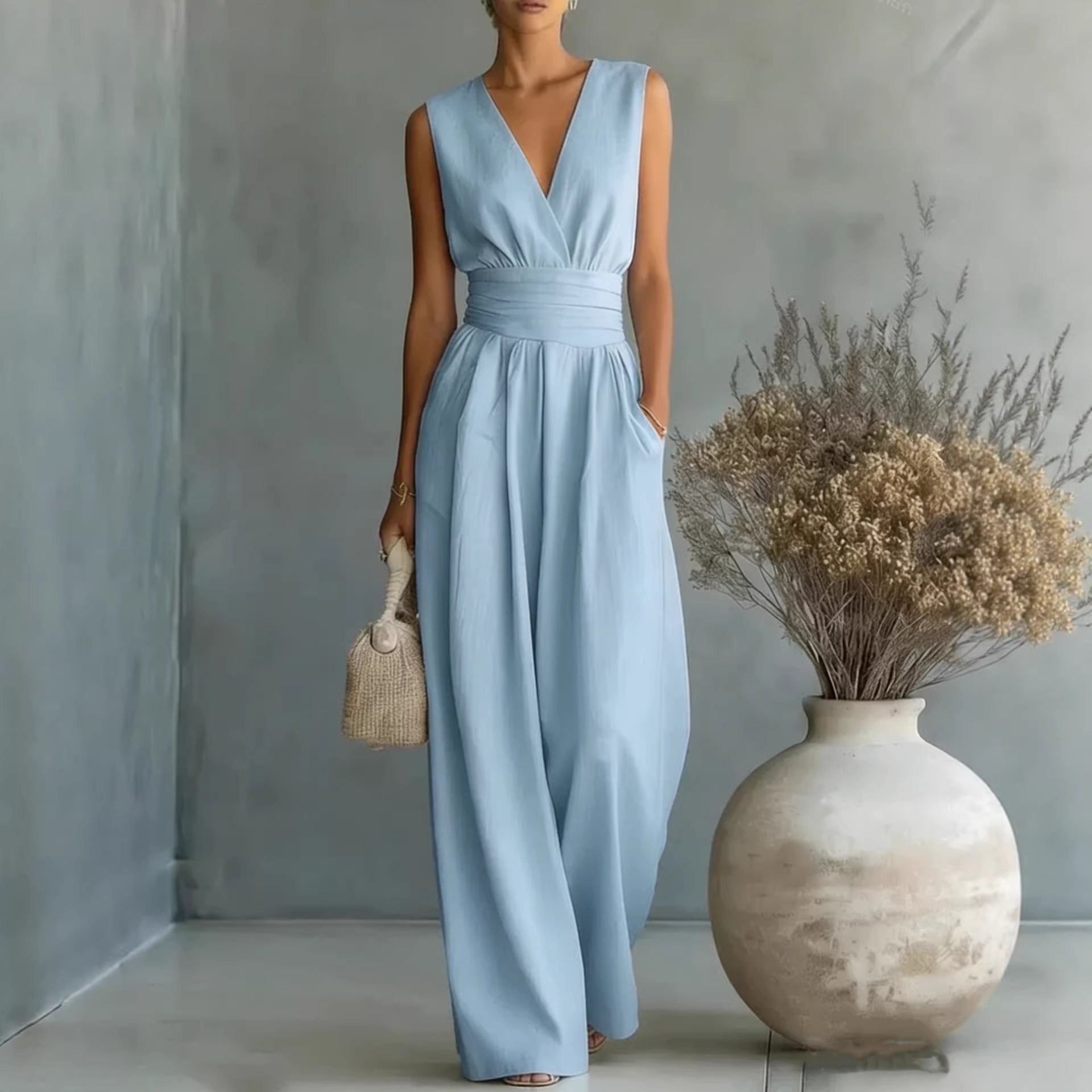 Women's Elegant V-Neck Sleeveless Waist-Cinching Straight Leg Jumpsuit