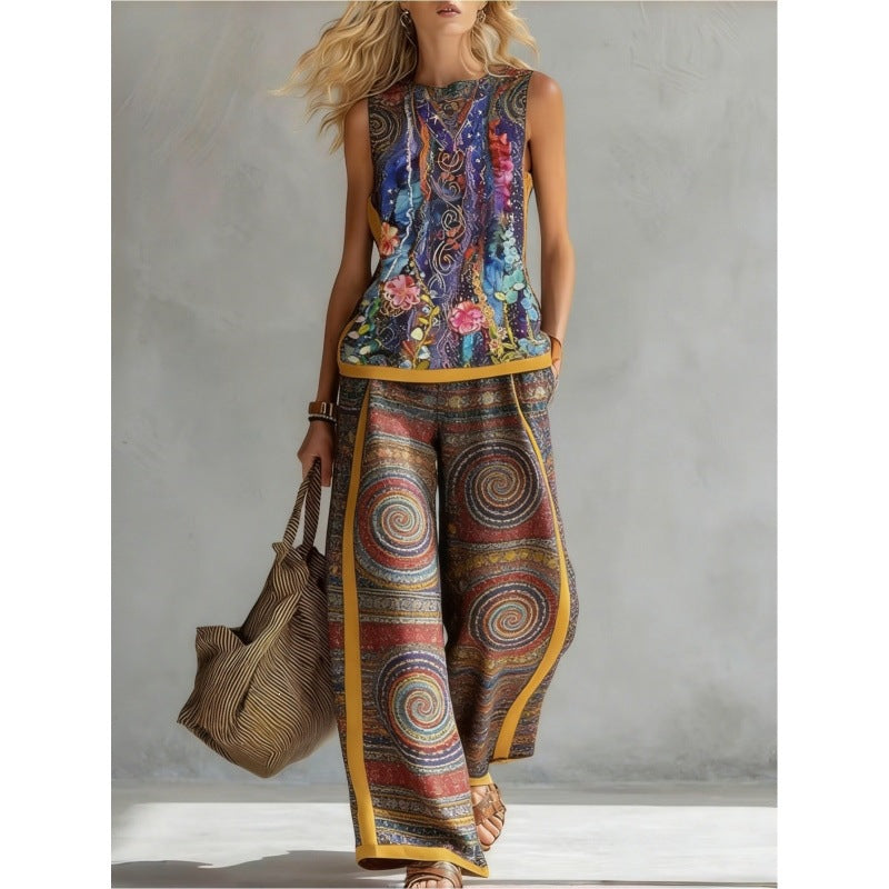 Women's Printed Retro Sleeveless Top & Wide-Leg Pants Set | 12 Prints S–5XL