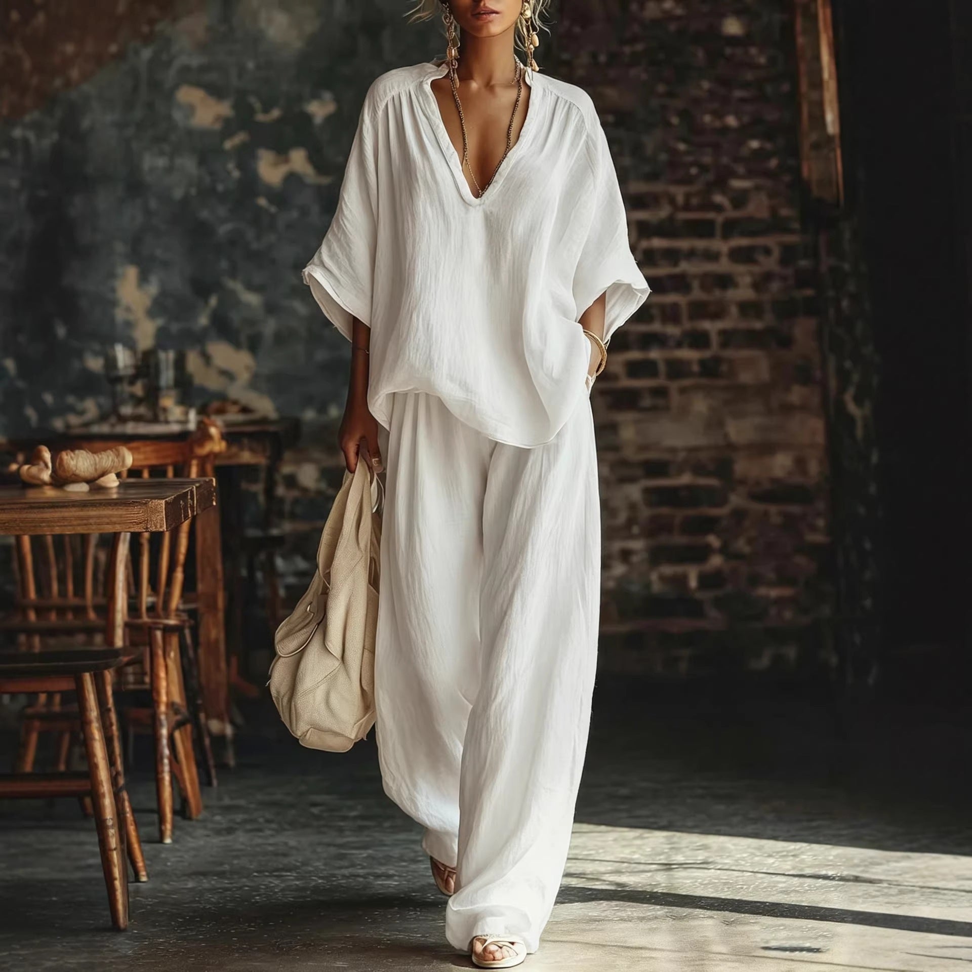 Women's V-Neck Loose Short-Sleeve Top & Pants Set – 5 Colors, S–4XL