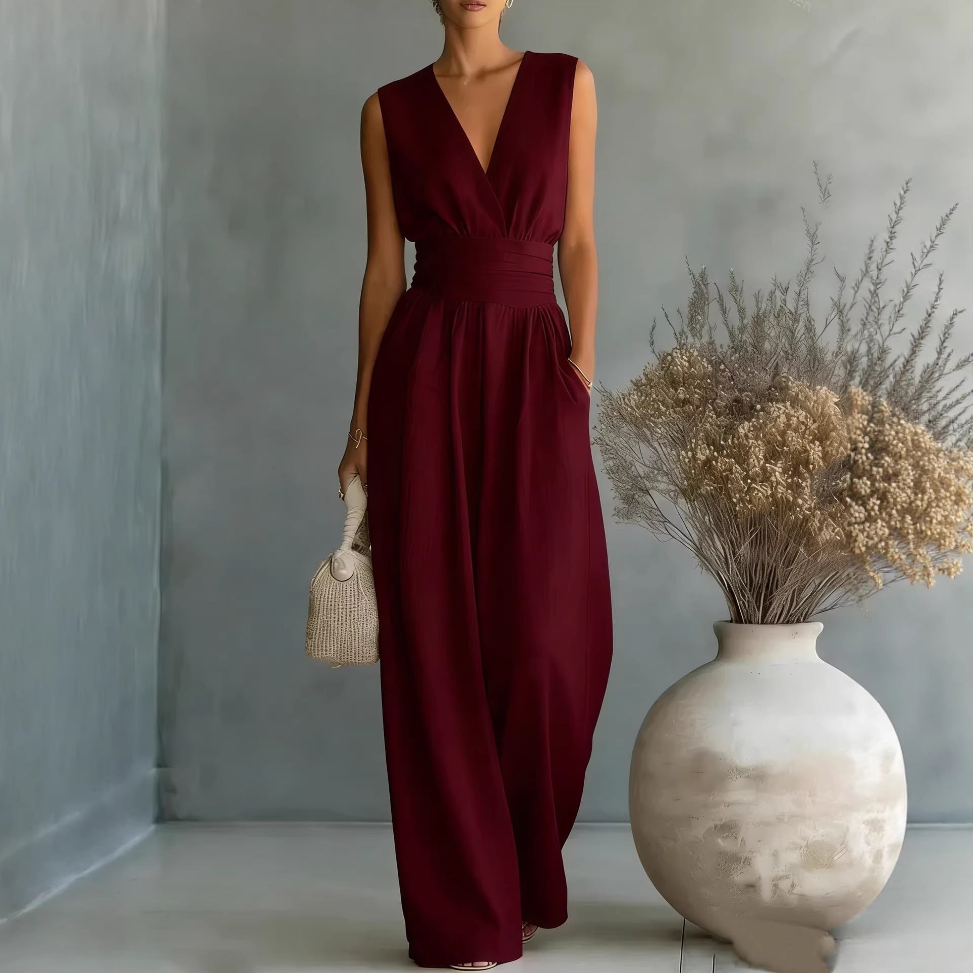 Women's Elegant V-Neck Sleeveless Waist-Cinching Straight Leg Jumpsuit