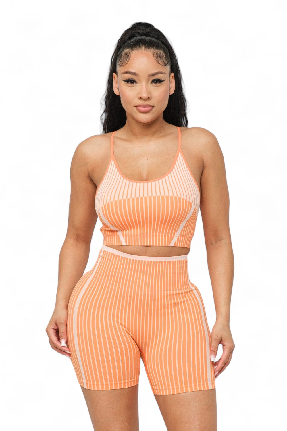 Women's Seamless Striped Top and Biker Shorts Set