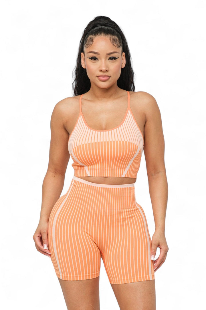 Women's Seamless Striped Top and Biker Shorts Set