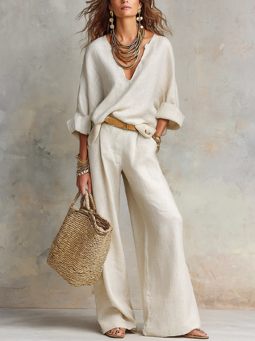 Women's Casual Linen Three-Quarter Sleeve Top & Full-Length Pants Set