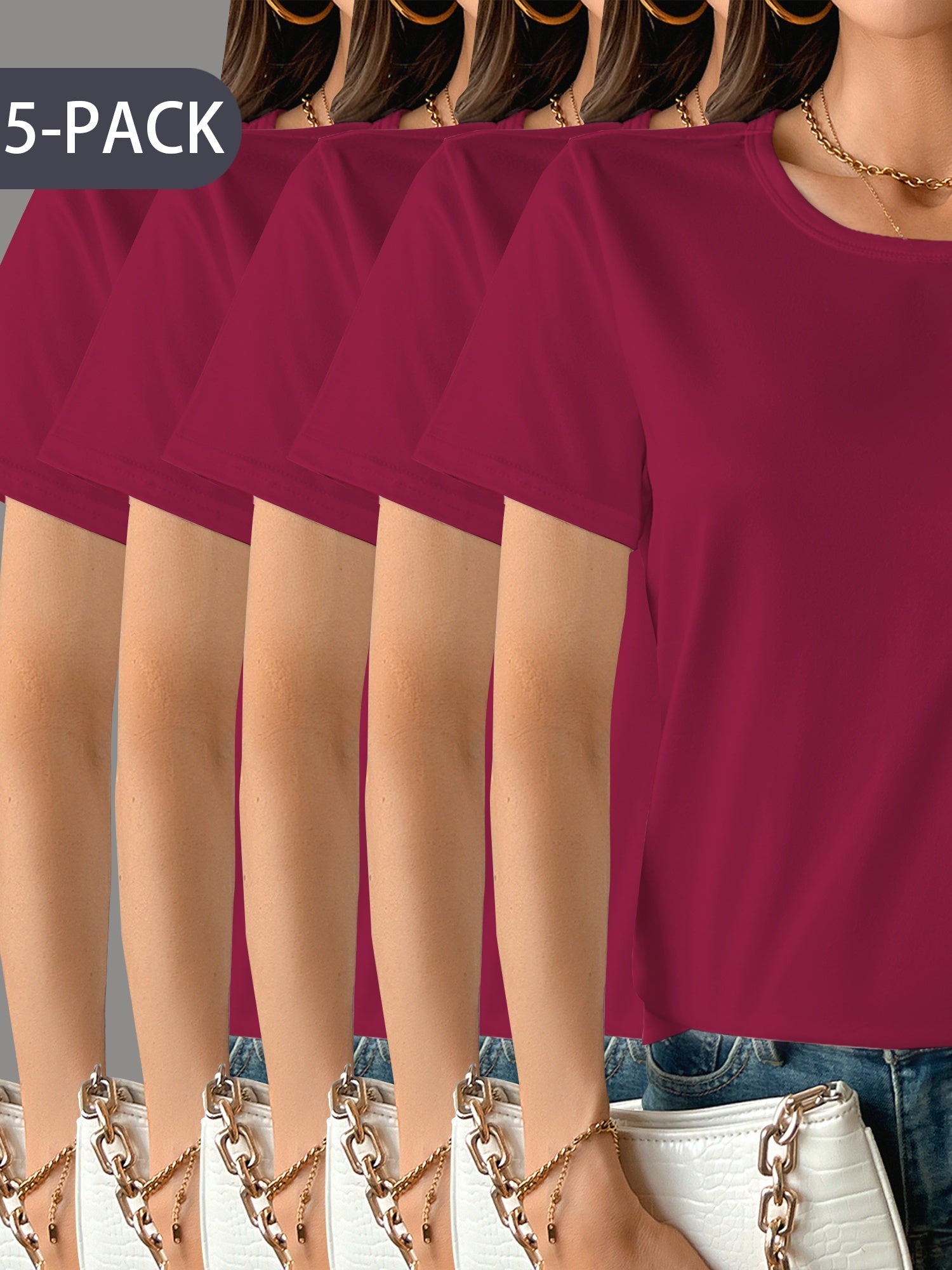 5 Pack Women's Soft Stretch Casual Round Neck T-Shirts