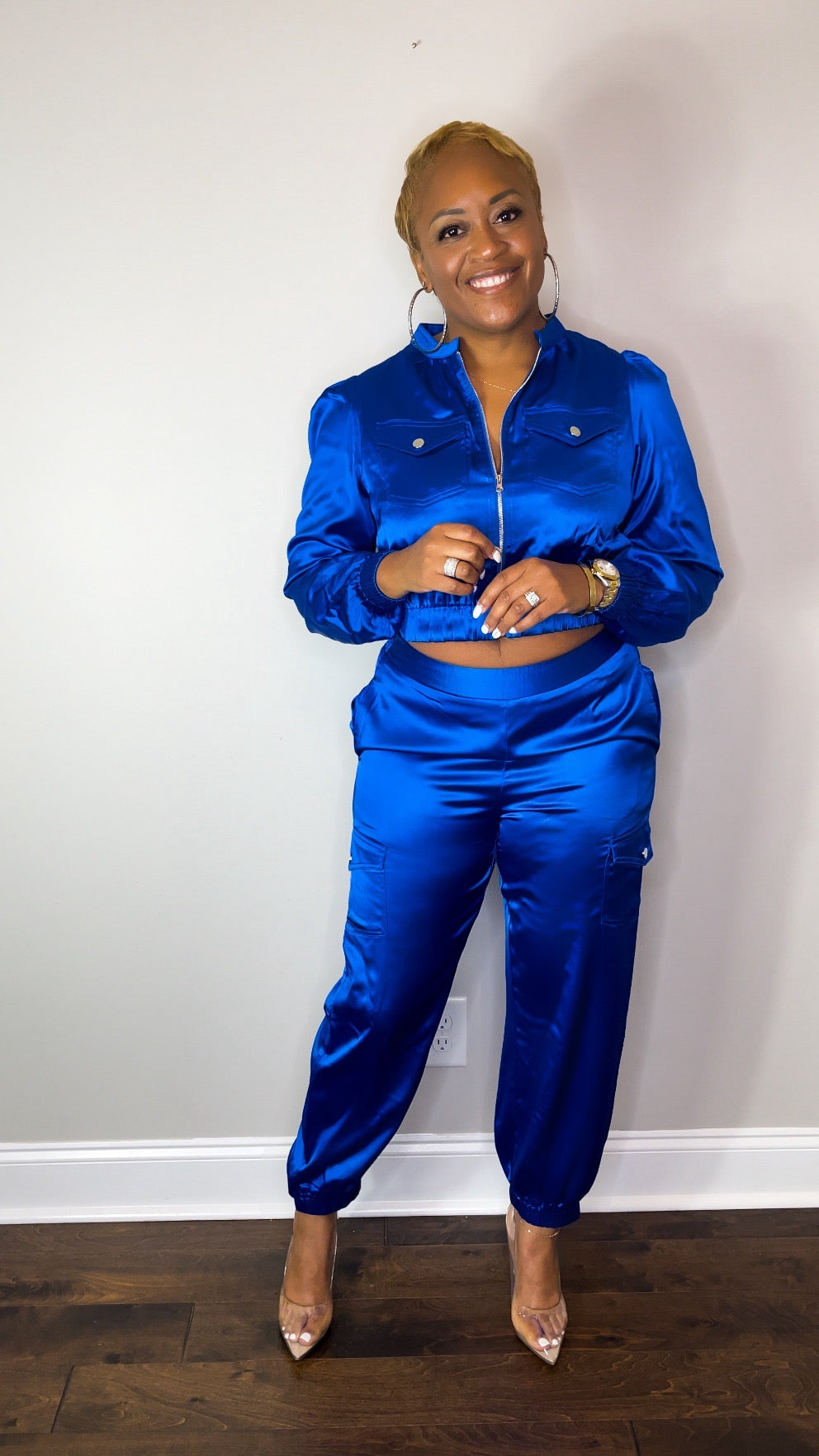 Women's Blue Satin Cargo Jogger Set