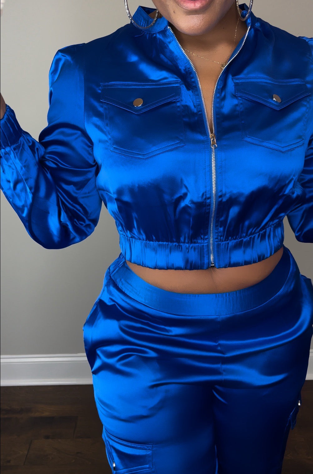 Women's Blue Satin Cargo Jogger Set