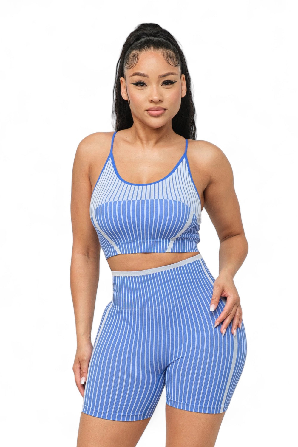 Women's Seamless Striped Top and Biker Shorts Set