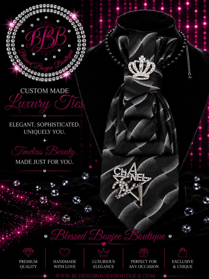 Women's Luxury Black & Silver Chanel Queen Necktie Necklace