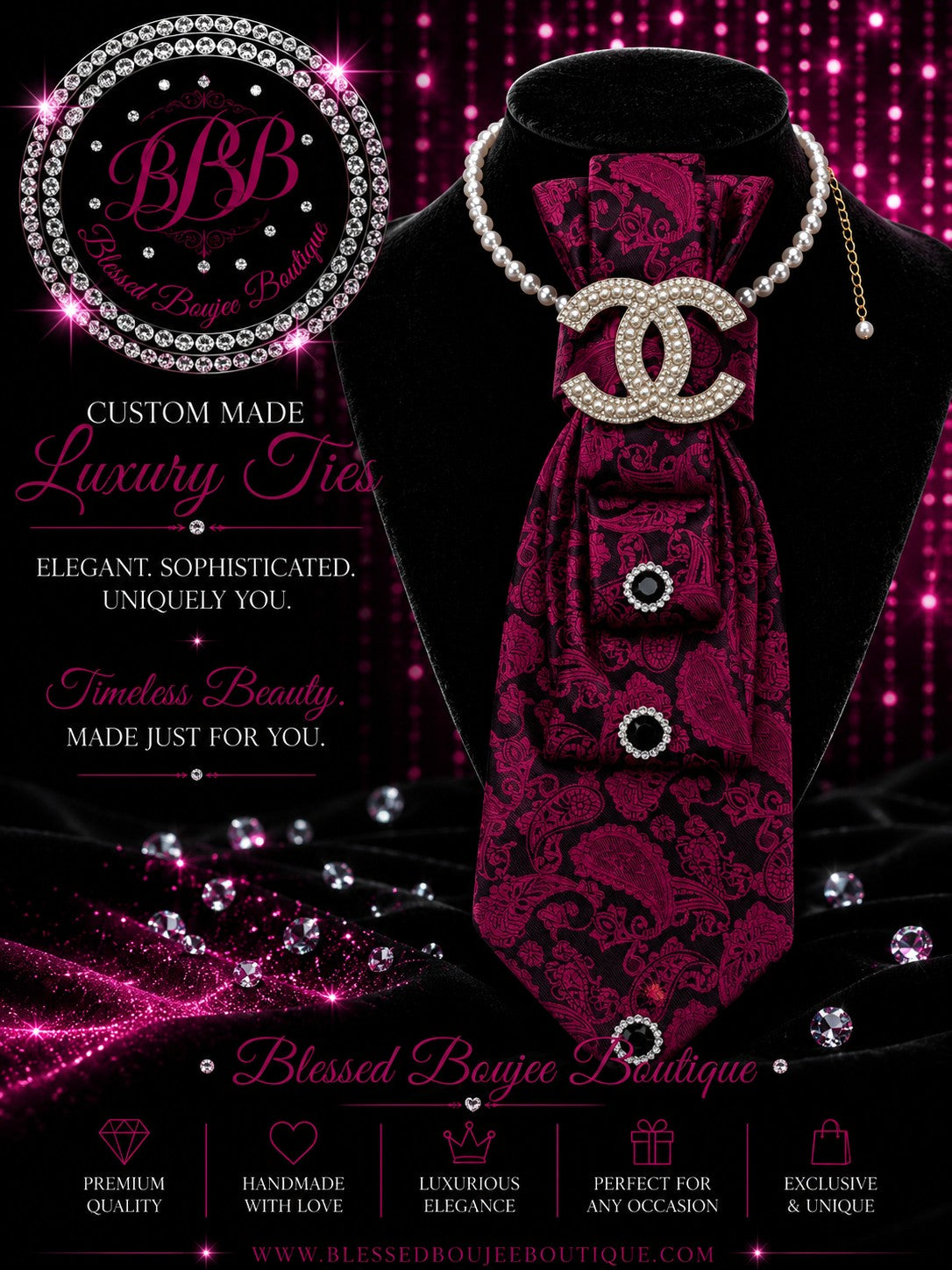 Women's Luxury Black and Pink Chanel Paisley Necktie Necklace