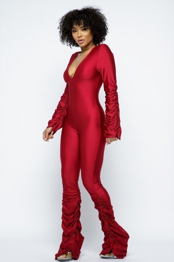 Women's Shoulder Padded Ruched Stacked Yoga Jumpsuit