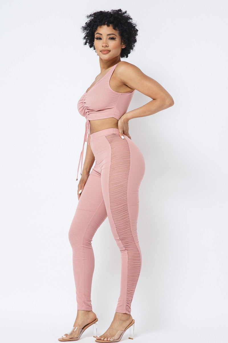 Women's Mesh Strappy Adjustable Ruched Crop Top With Matching See Through Side Panel Leggings