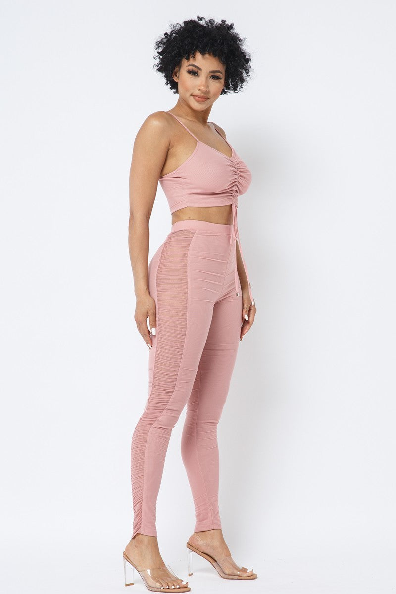 Women's Mesh Strappy Adjustable Ruched Crop Top With Matching See Through Side Panel Leggings