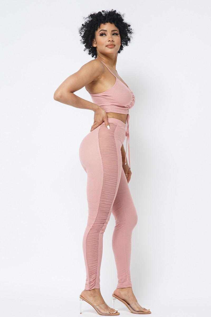 Women's Mesh Strappy Adjustable Ruched Crop Top With Matching See Through Side Panel Leggings
