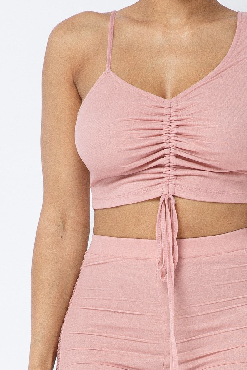 Women's Mesh Strappy Adjustable Ruched Crop Top With Matching See Through Side Panel Leggings