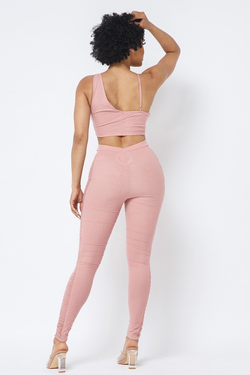 Women's Mesh Strappy Adjustable Ruched Crop Top With Matching See Through Side Panel Leggings