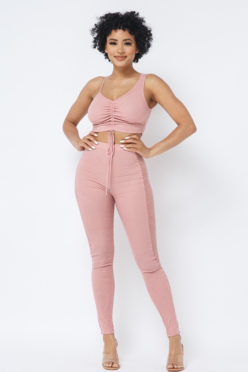Women's Mesh Strappy Adjustable Ruched Crop Top With Matching See Through Side Panel Leggings