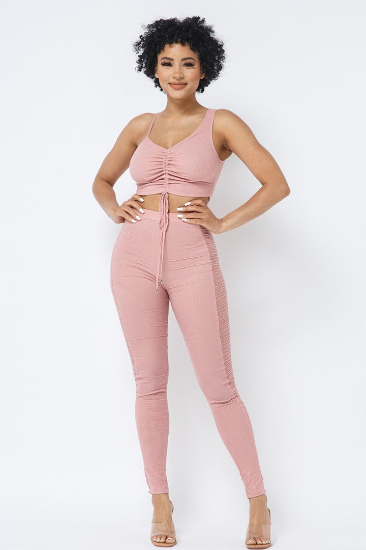 Women's Mesh Strappy Adjustable Ruched Crop Top With Matching See Through Side Panel Leggings